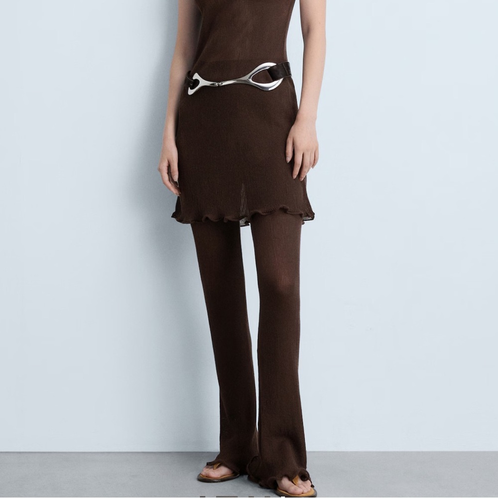Mango Chocolate Brown Knit Flare Pants Wide Leg SMALL boho chic strechy NEW
